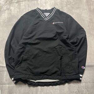 Champion Mens Size Small V-neck Pullover Windbreaker Sweater White Line Cuffed